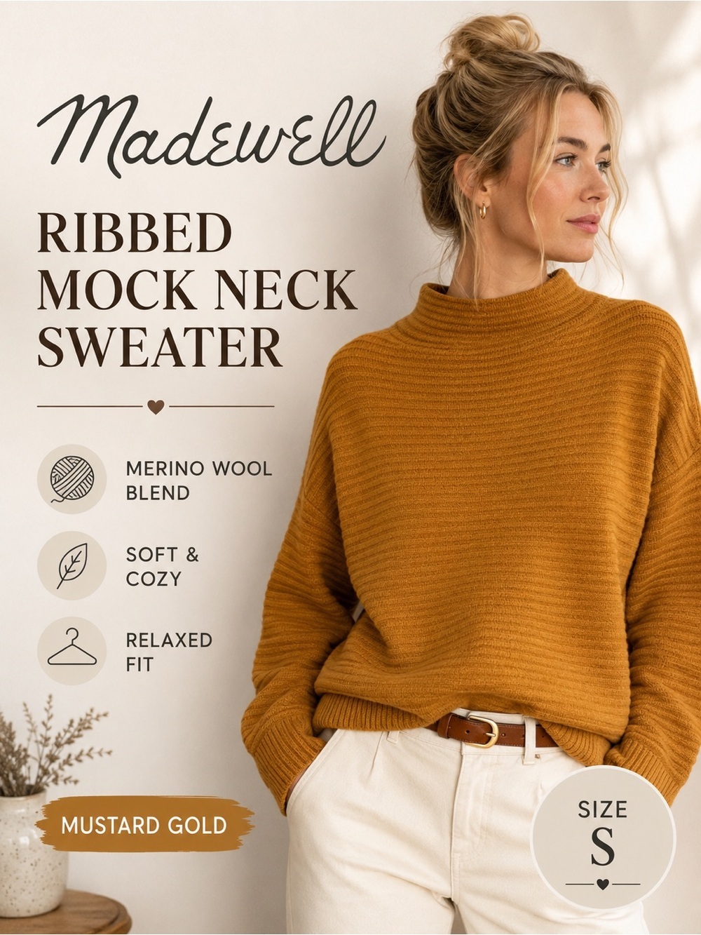 Madewell Mustard Gold Ribbed Mock Neck Sweater Merino Wool Blend Size Small
